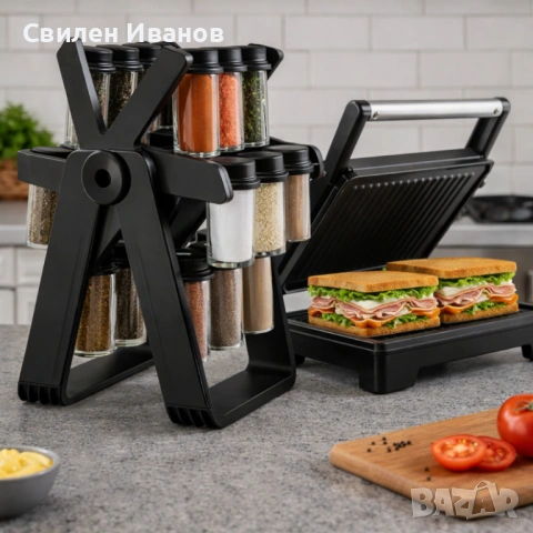 Тостер грил Royalty Line RL-PM1000 - Компактен грил и сандвич преса 2 в 1 + Подарък Стилен въртящ се