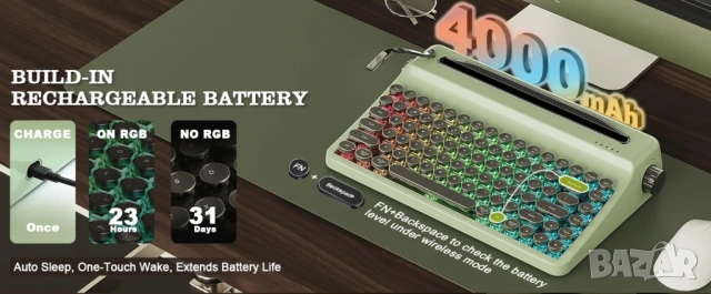 YUNZII QL75 Retro Typewriter Mechanical Keyboard –безжична механична клавиатура в стил пишеща машина, снимка 5 - Клавиатури и мишки - 54556457