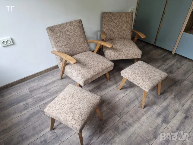 Комплект два фотьойла и две табуретки, снимка 2 - Дивани и мека мебел - 55475888
