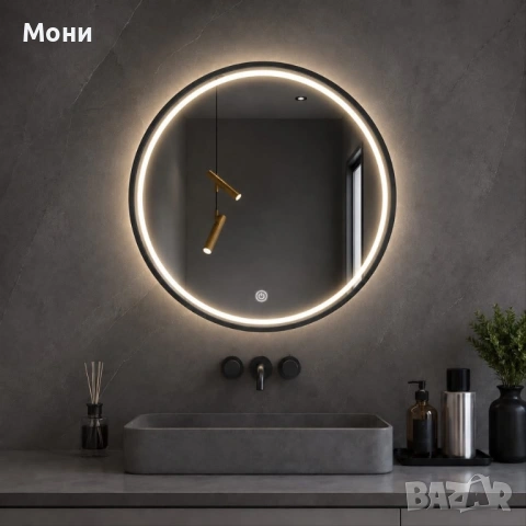 Кръгло LED огледало с черна рамка Ø80 см  Кръглото LED огледало с черна рамка Ø80 см е модерно решен