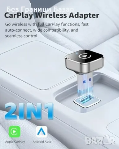 Нов Безжичен CarPlay Android Auto адаптер USB-C USB-A 2026 за iPhone Android, снимка 2 - Друга електроника - 55542403
