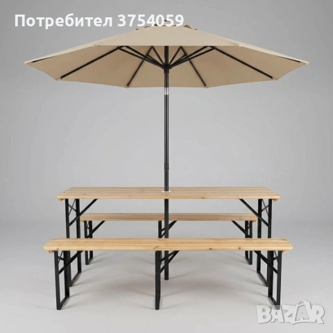 Сгъваем комплект за пикник с дървена маса и 2 пейки – 170 см, с отвор за чадър, за градина, беседка , снимка 2 - Градински мебели, декорация  - 55147875