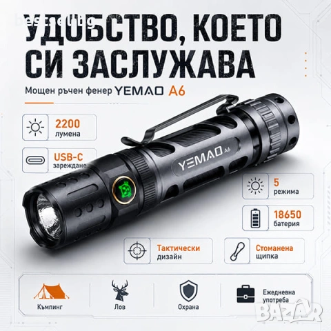 Мощен ръчен LED фенер YEMAO 2200 лумена USB-C тактически 350м обхват за лов риболов къмпинг еърсофт, снимка 6 - Къмпинг осветление - 54109911