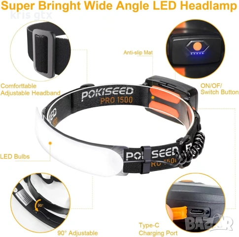 POKISEED 1500 Lumens челник за глава с 230 ° широк лъч, 3 режима на яркост, IPX6 водоустойчив LED фе, снимка 2 - Къмпинг осветление - 55070618