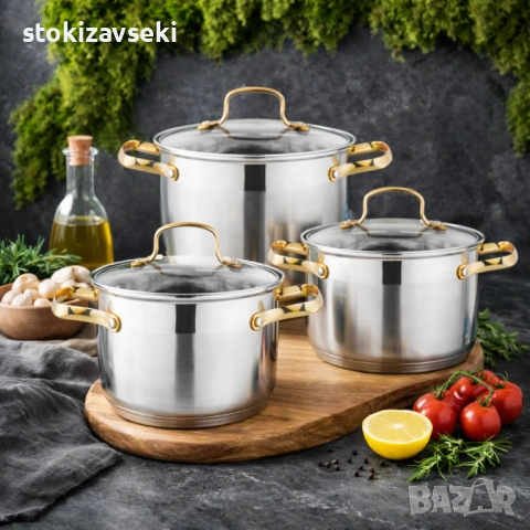 Комплект тенджери с елегантни златисти дръжки DJ24 + Подарък Ръчен чопър KN3, снимка 4 - Съдове за готвене - 54113763