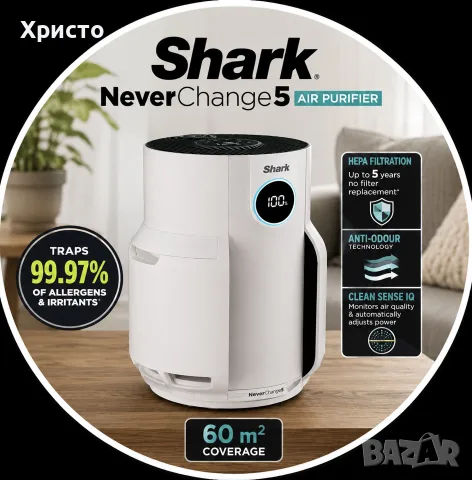 НОВ!!! Пречиствател за въздух Shark NeverChange5 Air Purifier HP150UK, HEPA, до 60 m²