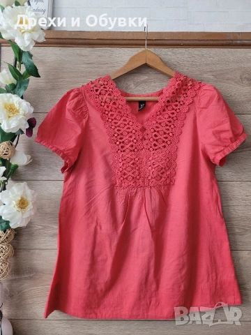 Лятна блуза корал с дантела памучна материя 