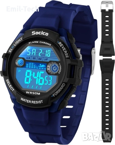 Детски часовник дигитален водоустойчив 50M – LED, аларма, 2 каишки