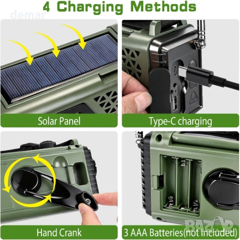 Преносимо аварийно радио, 8000mAh, соларен панел, AM/FM/SW, SOS аларма и фенерче, снимка 2 - Радиокасетофони, транзистори - 53983603