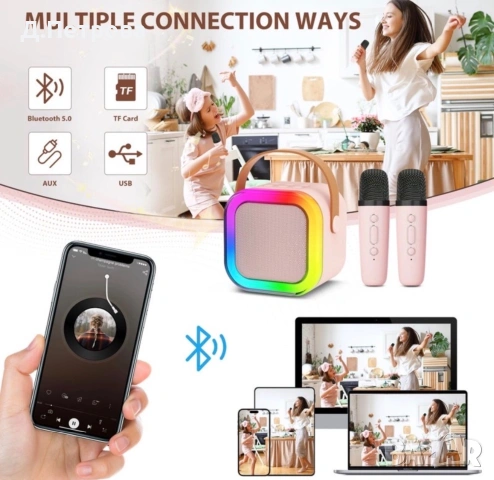 Мини Bluetooth караоке колонка с 2 безжични микрофона, снимка 2 - Музикални играчки - 55072603
