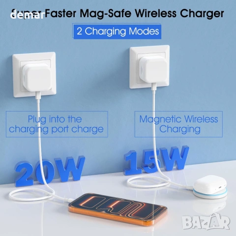 Безжично магнитно зарядно за iPhone (2 броя), 15W Mag-Safe зарядна подложка и 20W кабелно зареждане, снимка 2 - Безжични зарядни - 54342162