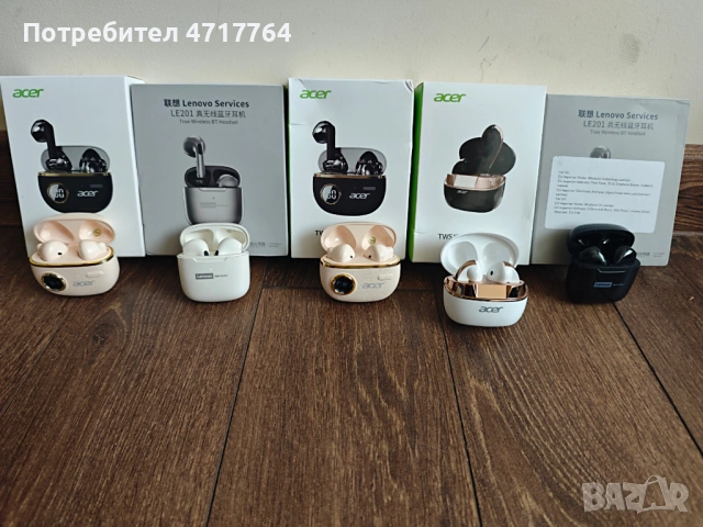 Комплект безжични слушалки тип "True Wireless" (TWS) на марките Acer и Lenovo.