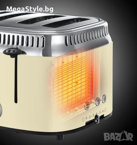 Тостер Russell Hobbs Retro, крем, 4 филии, широки отвори, променливо изпичане , снимка 6 - Тостери - 55663304