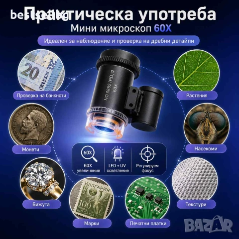 Мини микроскоп 60X с LED и UV светлина за банкноти бижута монети и детайли, снимка 3 - Други инструменти - 29261267