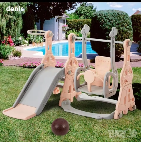 Детска пързалка, люлка и кош в розово 