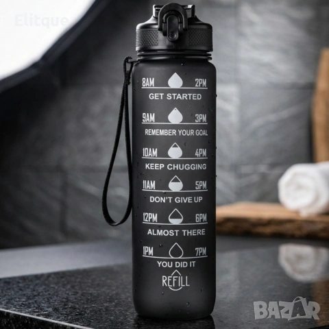 Черна мотивираща бутилка за вода 1L с почасова скала – пий вода навреме, снимка 7 - Други стоки за дома - 54216042