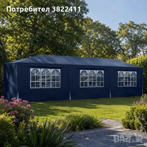 Технически характеристики на Градинска тъмносиня шатра 3x9 м - Водоустойчив павилион с 8 стени, проз