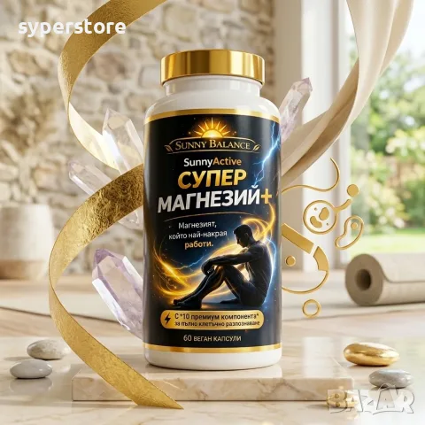 SunnyActive Супер Магнезий+ - магнезиев бисглицинат, 10-компонентна формула, 60 капсули веган