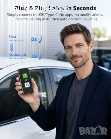 Нов Безжичен CarPlay Android Auto адаптер USB-C USB-A 2026 за iPhone Android, снимка 6 - Друга електроника - 55542403