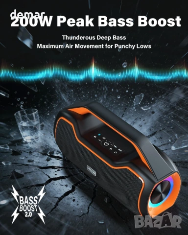 VUOPAX Преносим Bluetooth високоговорител безжичен, 200W пиков звук, DSP/TWS/AUX/TF/BT5.4, снимка 2 - Bluetooth тонколони - 54406215