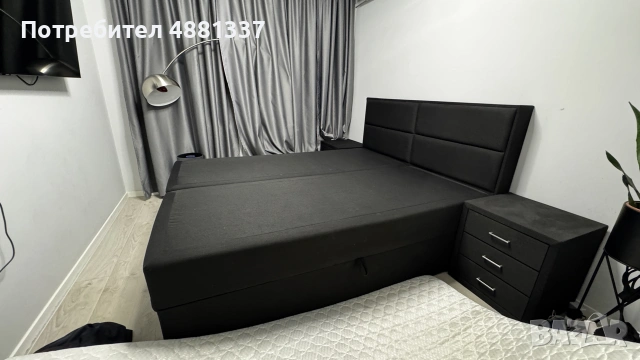 Боксспринг спалня 160×200 + 2 тапицирани нощни шкафчета, черна – като нова