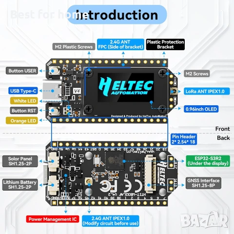 Развойна платка ESP32 LoRa V4 + батерия 3000mAh, подобрена ESP32-S3 SX1262 LoRa WiFi Bluetooth , снимка 3 - Друга електроника - 54960101