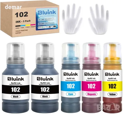 Комплект мастила съвместими с Epson 102 – 5 броя за EcoTank принтери – Black, Cyan, Magenta, Yellow