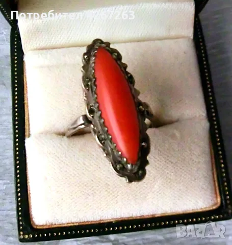 Старинен Art Deco сребърен пръстен с корал и марказити, снимка 5 - Пръстени - 55422229