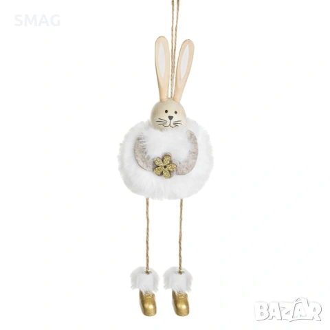 Великденска висяща дървена декорация – бяло зайче с синтетична козина, 27 см_1233648