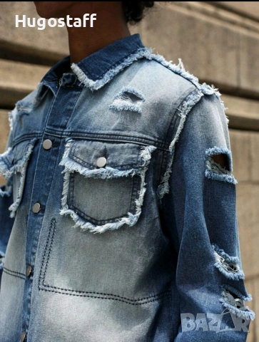 Ново мъжко карго дънково яке риза Street Style накъсан вид овърсайз изтъркано деним памук ХЛ, снимка 7 - Якета - 54843667
