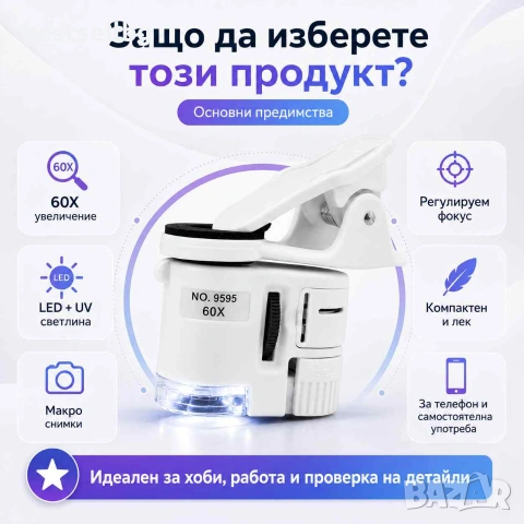 Лупа микроскоп UV лед осветление увеличение 60Х телефон макро обектив, снимка 4 - Други инструменти - 29016954