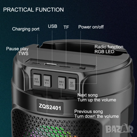  Преносима LED тонколона 1Tech, Модел ZQS2401, Bluetooth, Micro SD, USB, FM радио, LED светлина, Чер, снимка 3 - Тонколони - 54369725