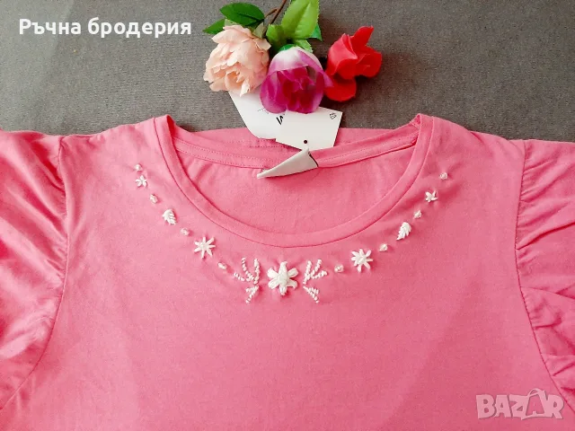 Блуза с нежна ръчна бродерия, къдри и мъниста, снимка 7 - Тениски - 55326625