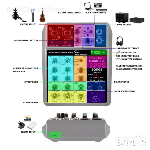 Професионален аудио миксер BOMGE, 4-канален цифров USB Bluetooth Echo Delay ефект, вход 48V, снимка 7 - Ресийвъри, усилватели, смесителни пултове - 54313405