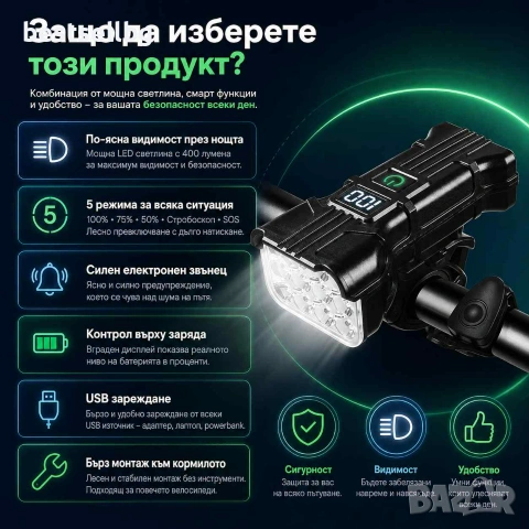 Акумулаторен LED фар за велосипед X-TIGER 2 в 1 със звънец USB дисплей 400 лумена 5 режима, снимка 4 - Аксесоари за велосипеди - 55154455