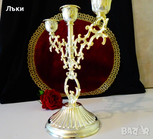 Позлатен калаен свещник тройка,троен свещник,печат. , снимка 4 - Антикварни и старинни предмети - 54973840