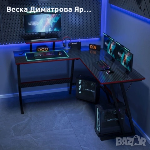 Ъглово геймърско бюро – Карбон дизайн, стойка за монитор и голяма работна площ 130 см, снимка 3 - Други стоки за дома - 54612367