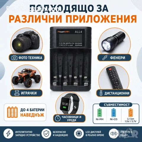 Универсално зарядно устройство PowerKAN ALL4 за 4 броя AA AAA батерии с автоматично разпознаване LCD, снимка 3 - Друга електроника - 54340553