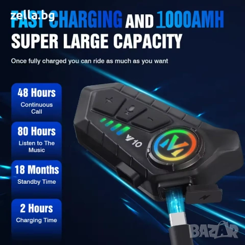 Bluetooth 5.3 интерком за мото каска, батерия 1000mAh, 32ч автономност, IPX6, 40мм графенова 10334, снимка 6 - Друга електроника - 54672343