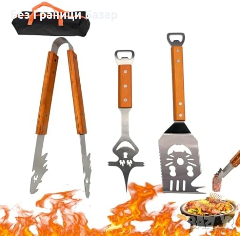 Нов BBQ комплект 3 части неръждаема стомана с дървени дръжки готвена скара грил инструменти
