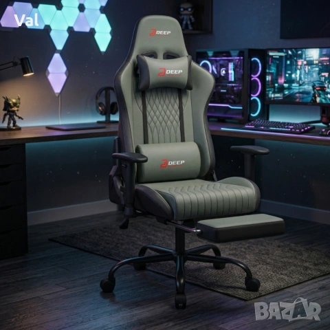 Ергономичен сив геймърски стол с поставка за крака, регулируема височина и 3D подлакътници