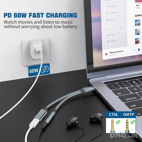 Преходник DAC USB C към 3,5 мм Aux жак за слушалки и адаптер за зарядно USB C 60W бързо зареждане , снимка 5 - Друга електроника - 55143271