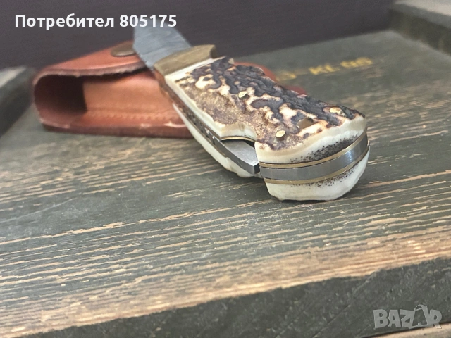 Джобен сгъваем нож еленов рог и дамаска стомана, снимка 3 - Ножове - 55243478