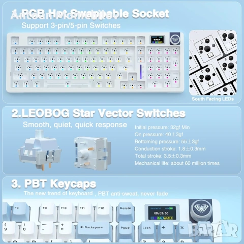 Механична клавиатура AULA S98 Pro White&Blue RGB дисплей, снимка 4 - Клавиатури и мишки - 55034931