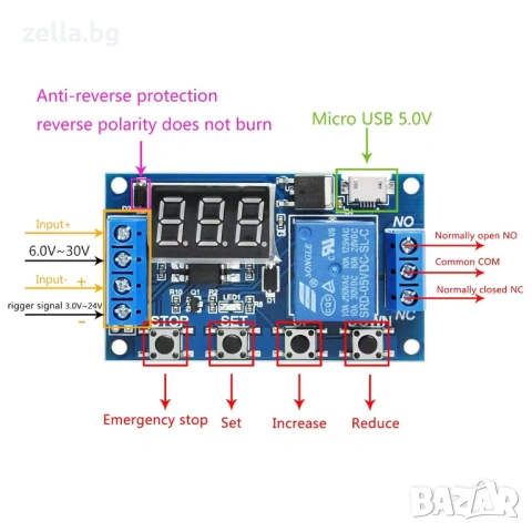 Програмируем релеен таймерен модул с дисплей 6-30V | 0.1s–999min | 4 режима P1-P4 Arduino DIY 10454, снимка 6 - Друга електроника - 54703362