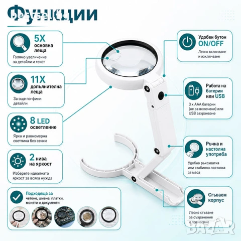 Мощна увеличителна ръчна настолна лупа лед осветление за четене шиене, снимка 3 - Други инструменти - 29084141