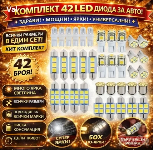 Комплект 42 LED крушки за автомобил – универсален сет за интериорно осветление