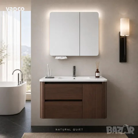 Луксозен шкаф за баня от масивно дърво 2801 (Walnut Balance) със заоблен дизайн и смарт огледало, снимка 6 - Шкафове - 55480754