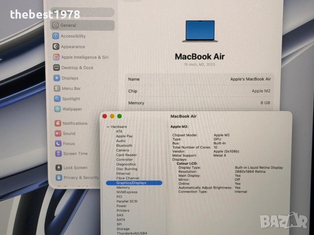 MacBook Air 15 M2`8 CPU/10 GPU/8GB RAM/256GB SSD/Бат 99%/Като Нов, снимка 7 - Лаптопи за работа - 54838762