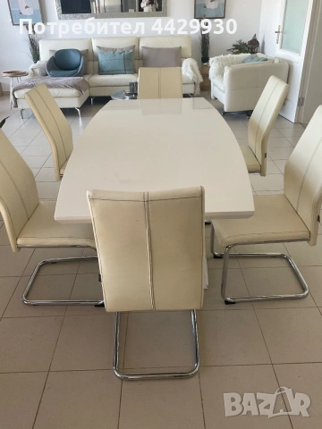 Modern white extendable dining table & 8 cream dining chairs 